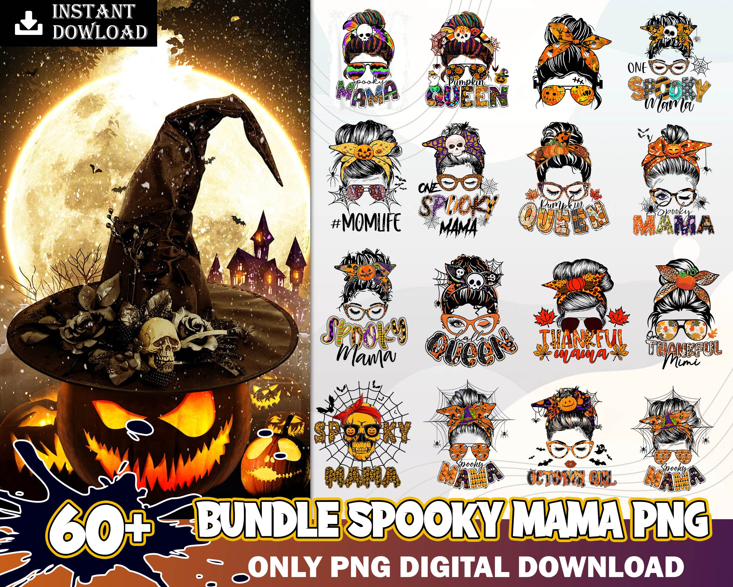 Retro Hallooween png bundle, Spooky Season Vibes, Cute Ghost Fall Autumn, Ghouls Smiley Bad Witch mama, Png designs for cricut, Digital download.