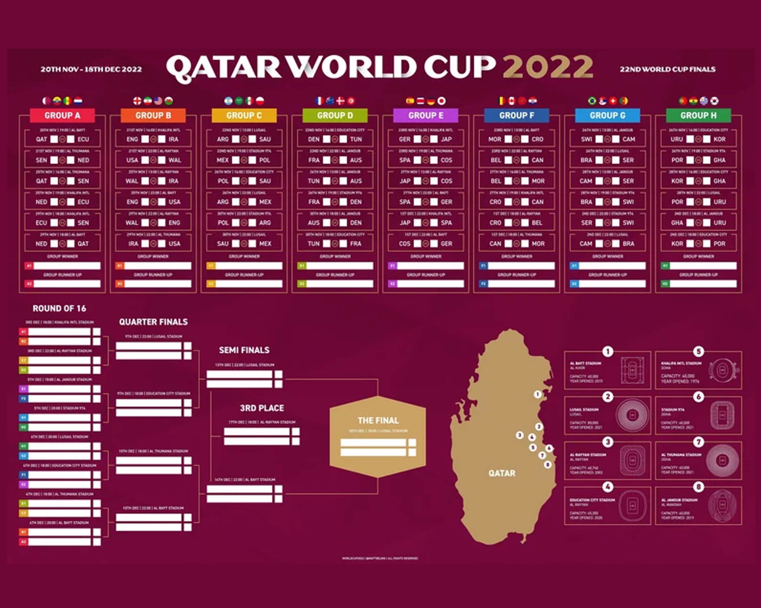 TWO Printable World Cup 2022 Wall Charts, Digital schedule, World Cup FIFA 2022, football tournament