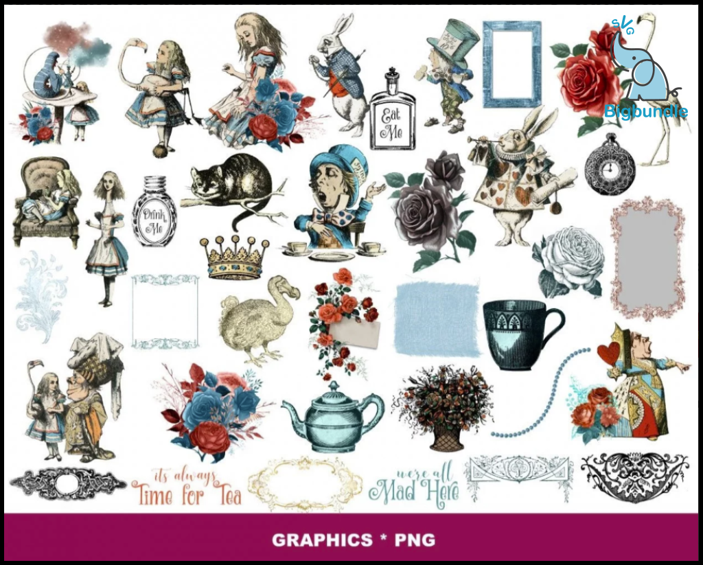 Alice in wonderland digital paper and graphics 300+ png