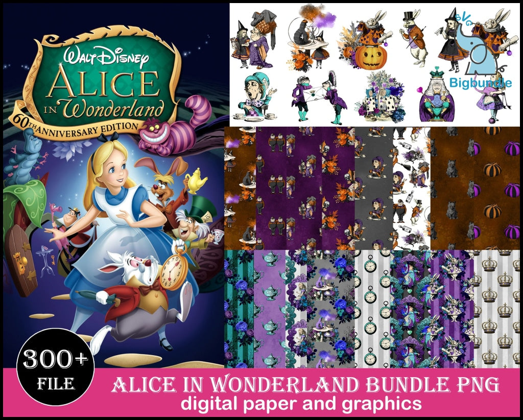 Alice in wonderland digital paper and graphics 300+ png