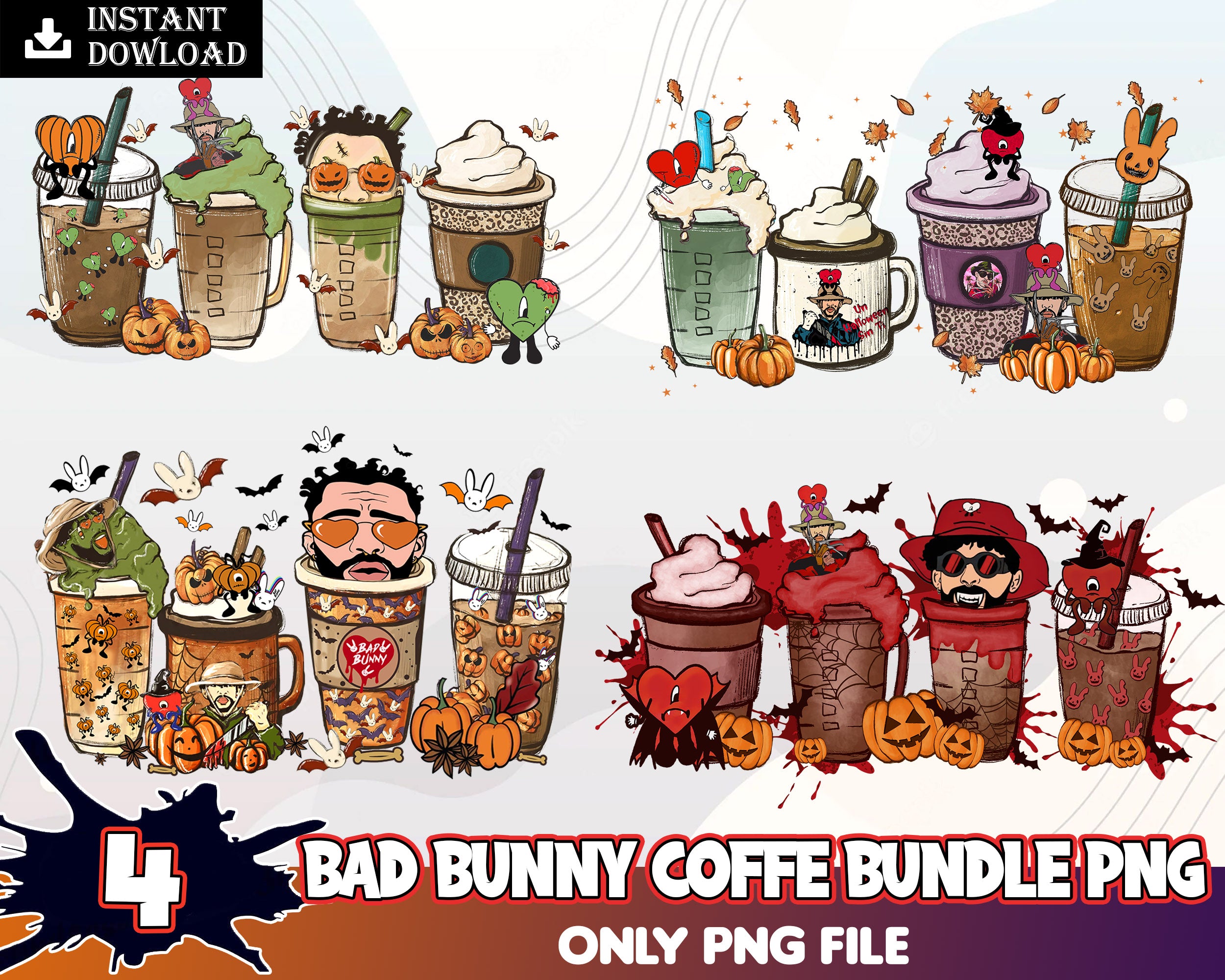 4 Bad bunny coffee PNG bundle, Halloween bunny designs bundle in PNG formats, Digital files