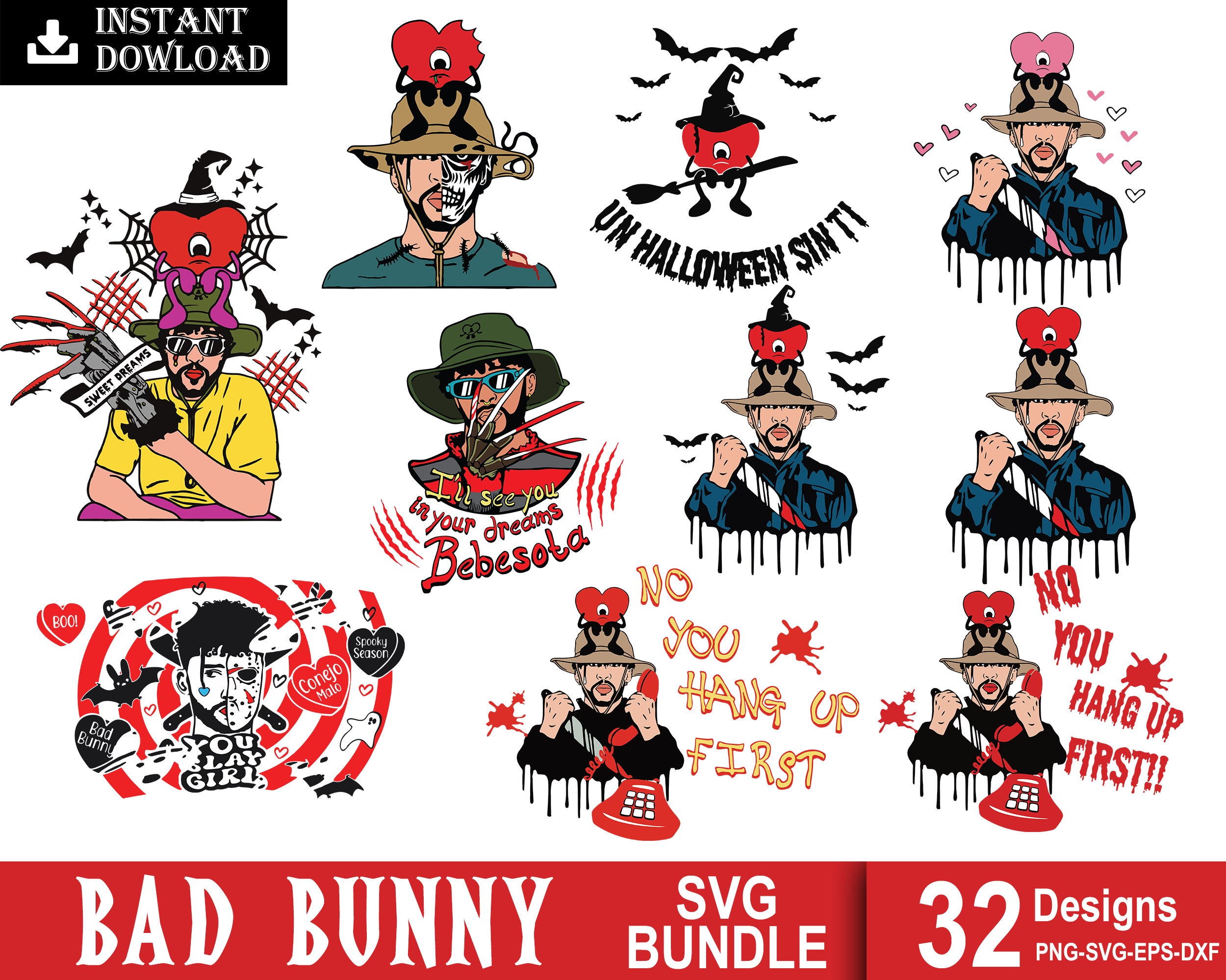30+ Bad Bunny Halloween, Bad Bunny Horror SVG, Bad Bunny svg, Freddy Kruger svg, Digital download.