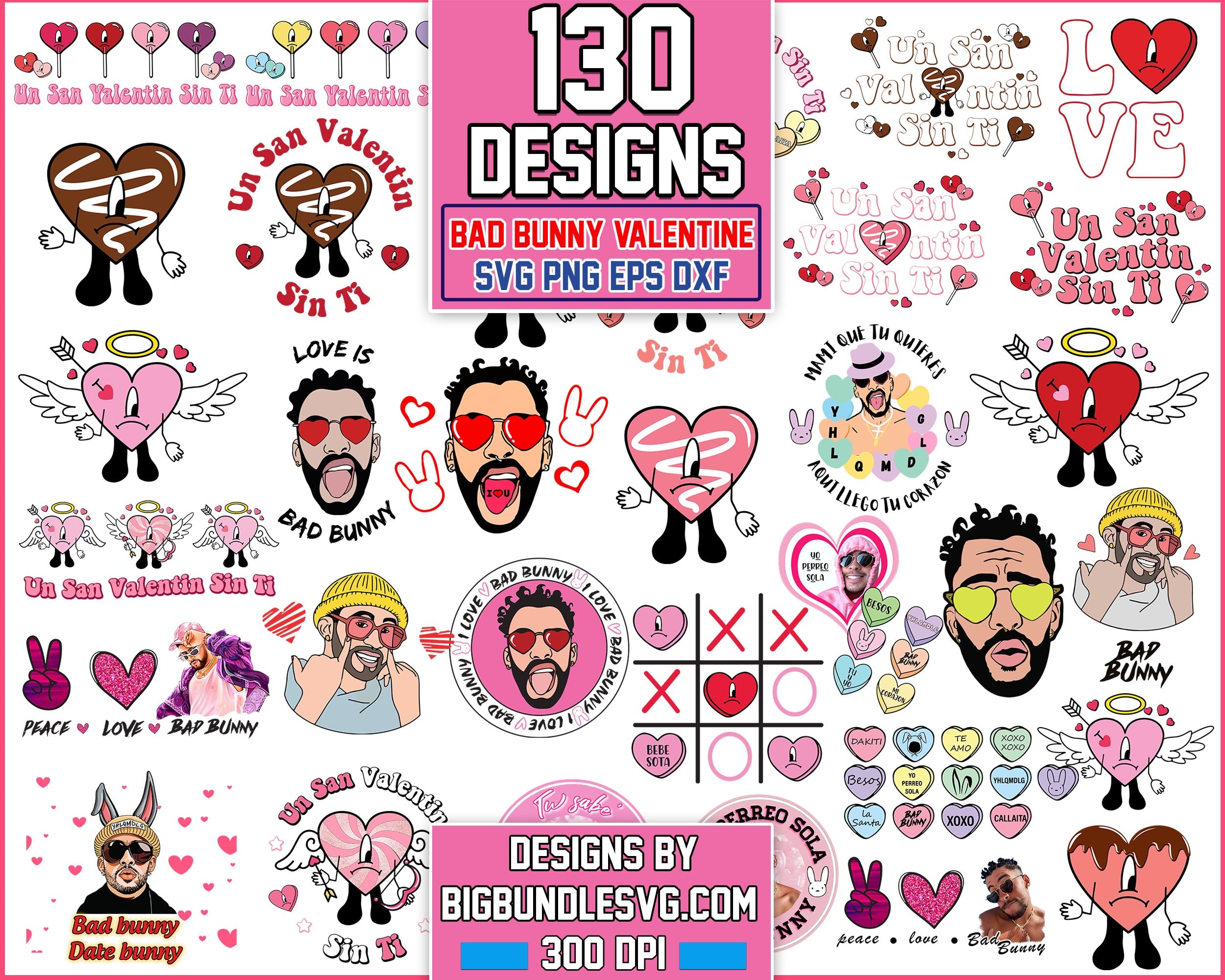 Version 2 - 130+ Bad bunny Valentines bundle, Valentine SVG PNG, eps dxf Design - Digital Download
