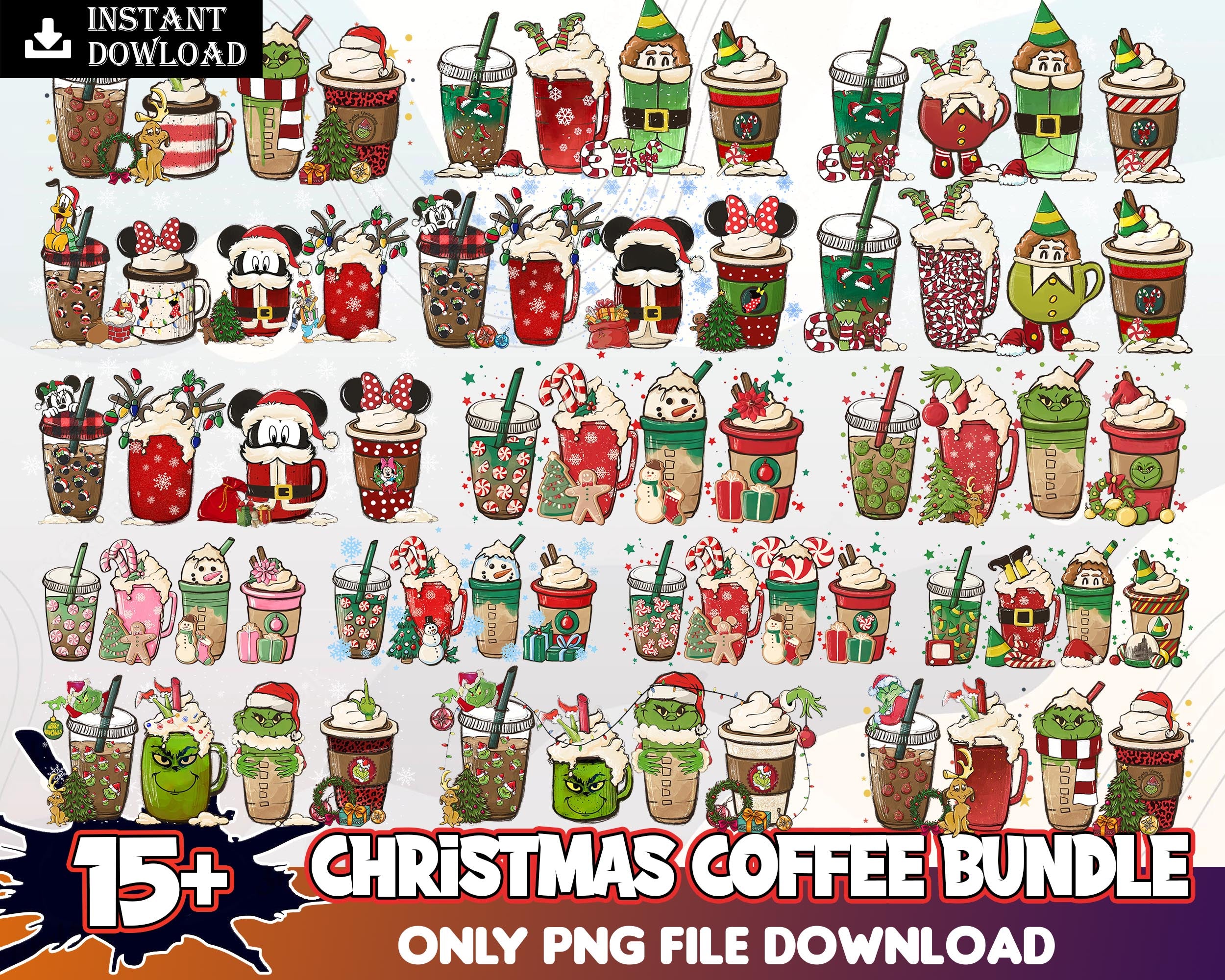 15+ Christmas coffee PNG bundle, Christmas cafe digital bundle, designs bundle in PNG formats, Digital files