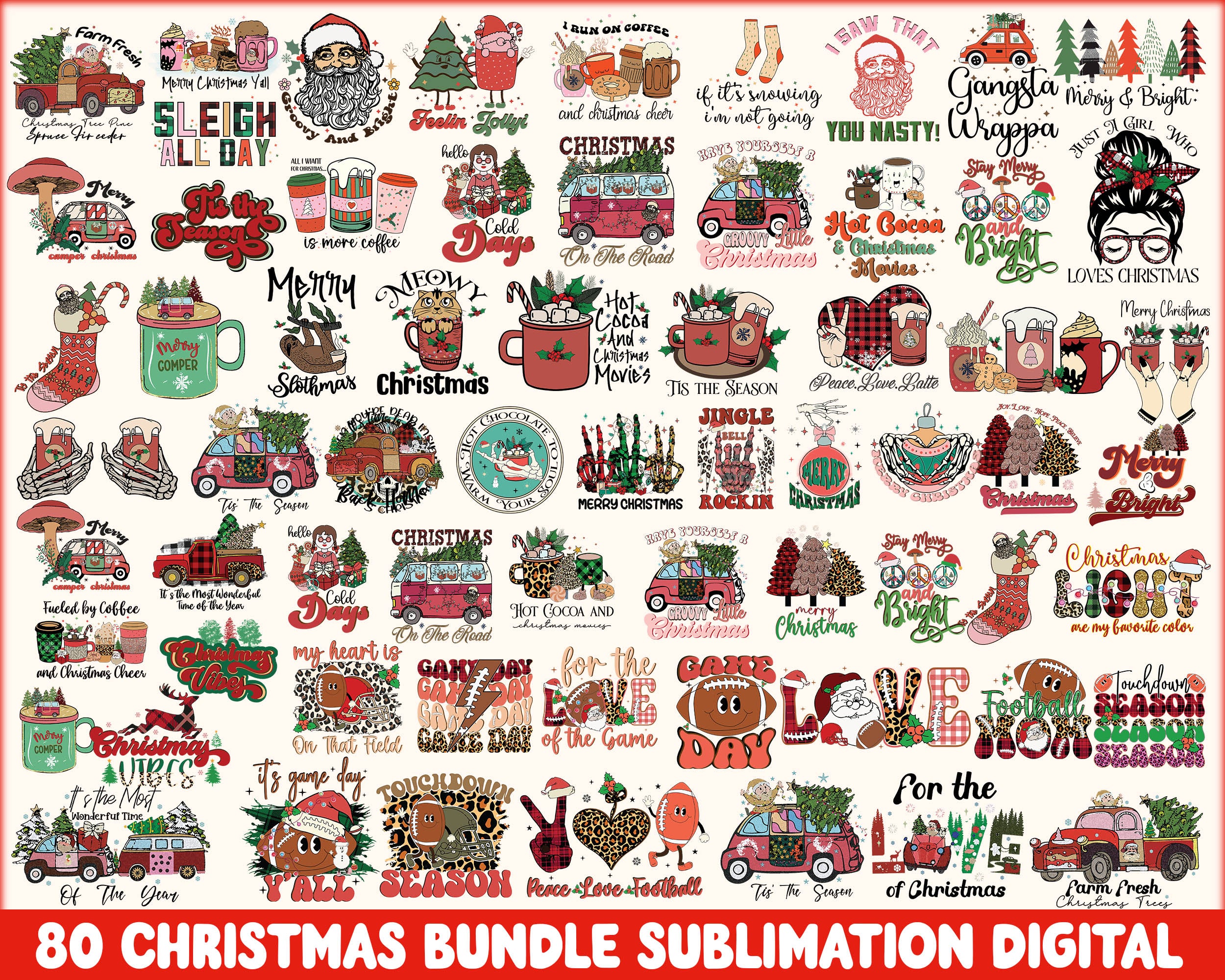 80 Christmas sublimation, Christmas bundle, Christmas digital bundle, Designs bundle in PNG formats, Digital files, CRM02112202