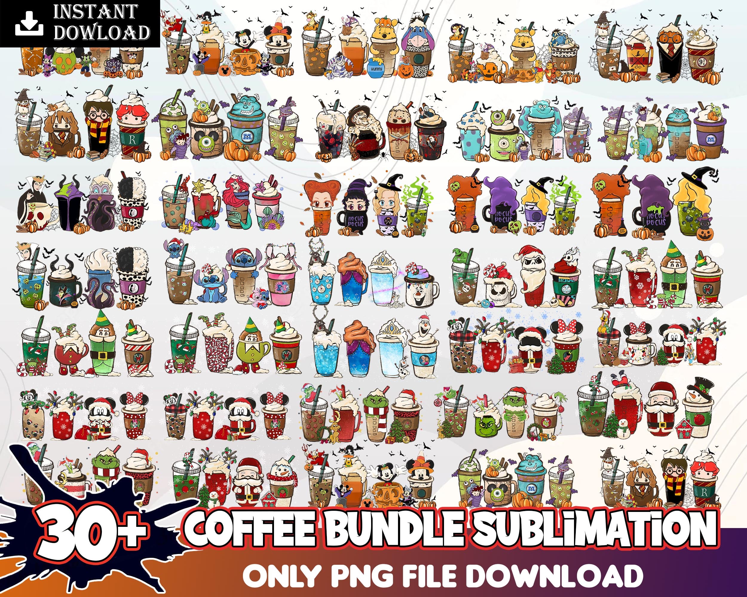 30 Coffee sublimation bundle, Halloween coffee digital bundle, Disney designs bundle in PNG formats, Digital files
