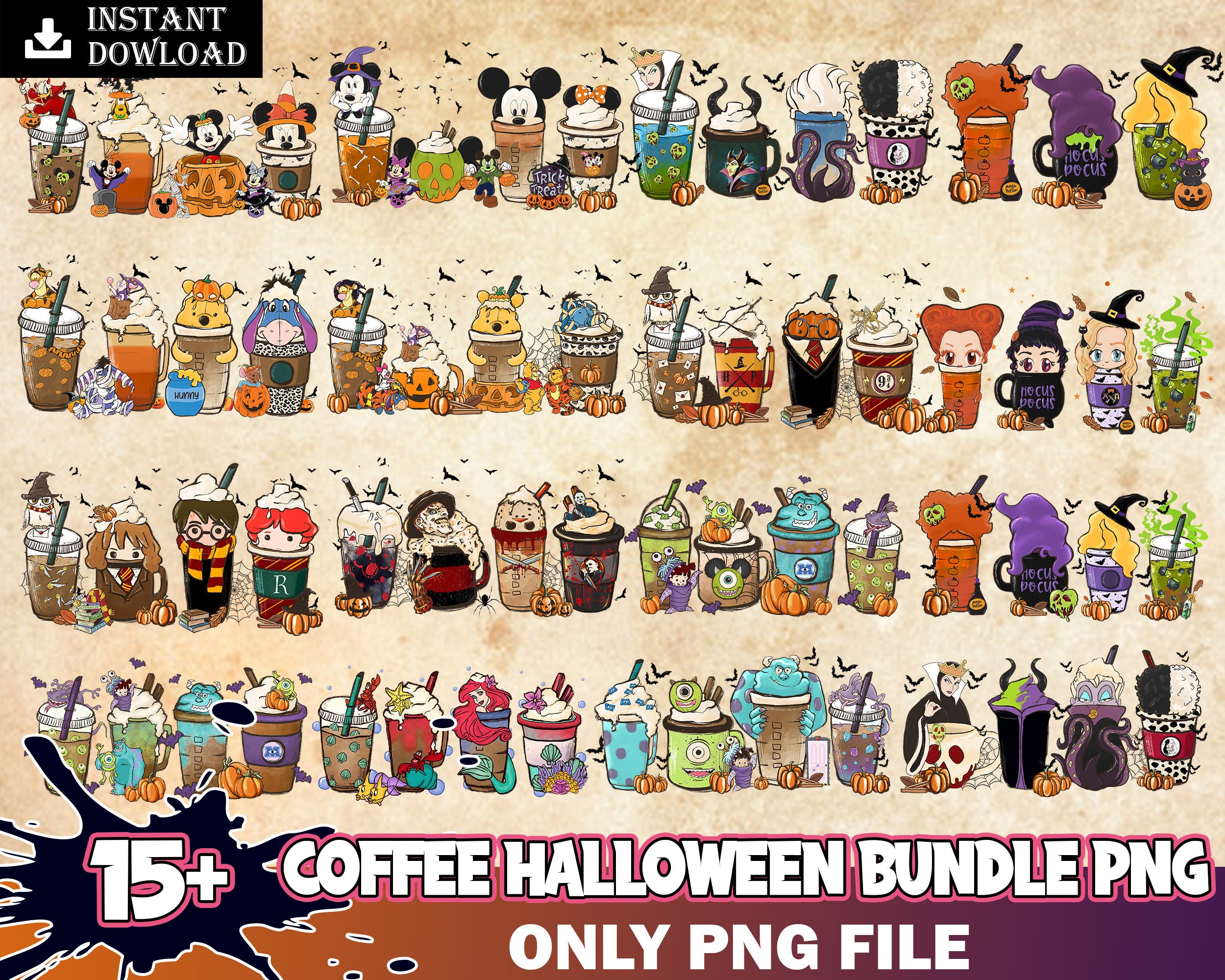 Ver 2.0 - 15+ Halloween coffee PNG bundle, Halloween designs bundle in PNG formats, Digital files