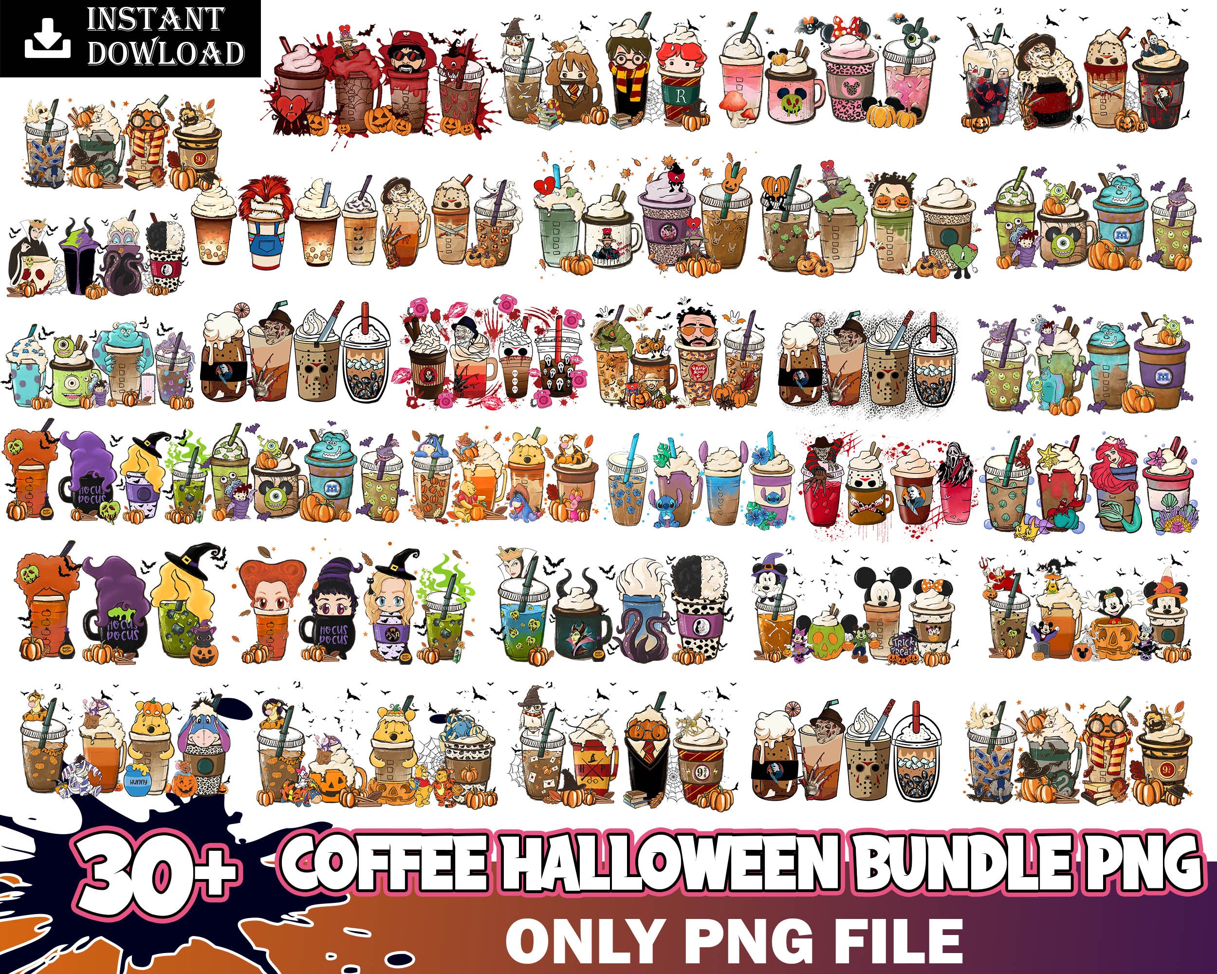 30+ Halloween coffee PNG bundle, Halloween coffee digital bundle, Halloween designs bundle in PNG formats, Digital files