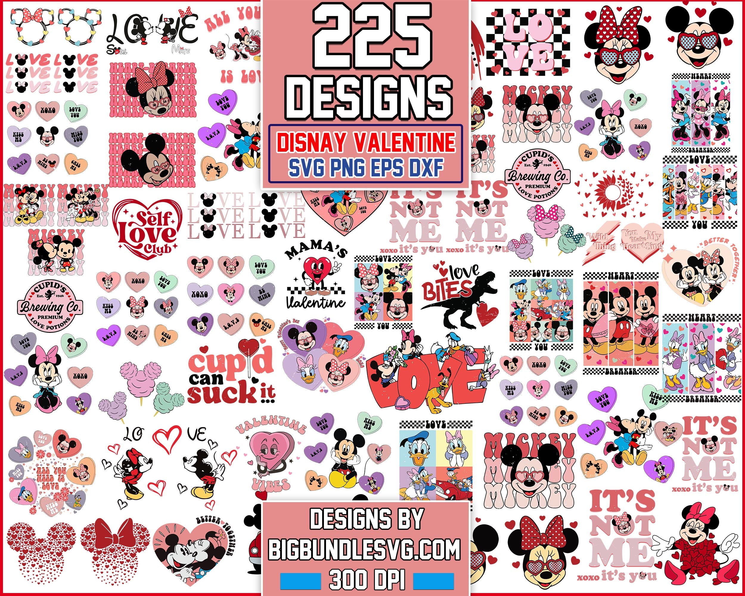 225 Disney Valentines Day bundle, Valentines Mickey, Valentines svg png eps dxfDesigns