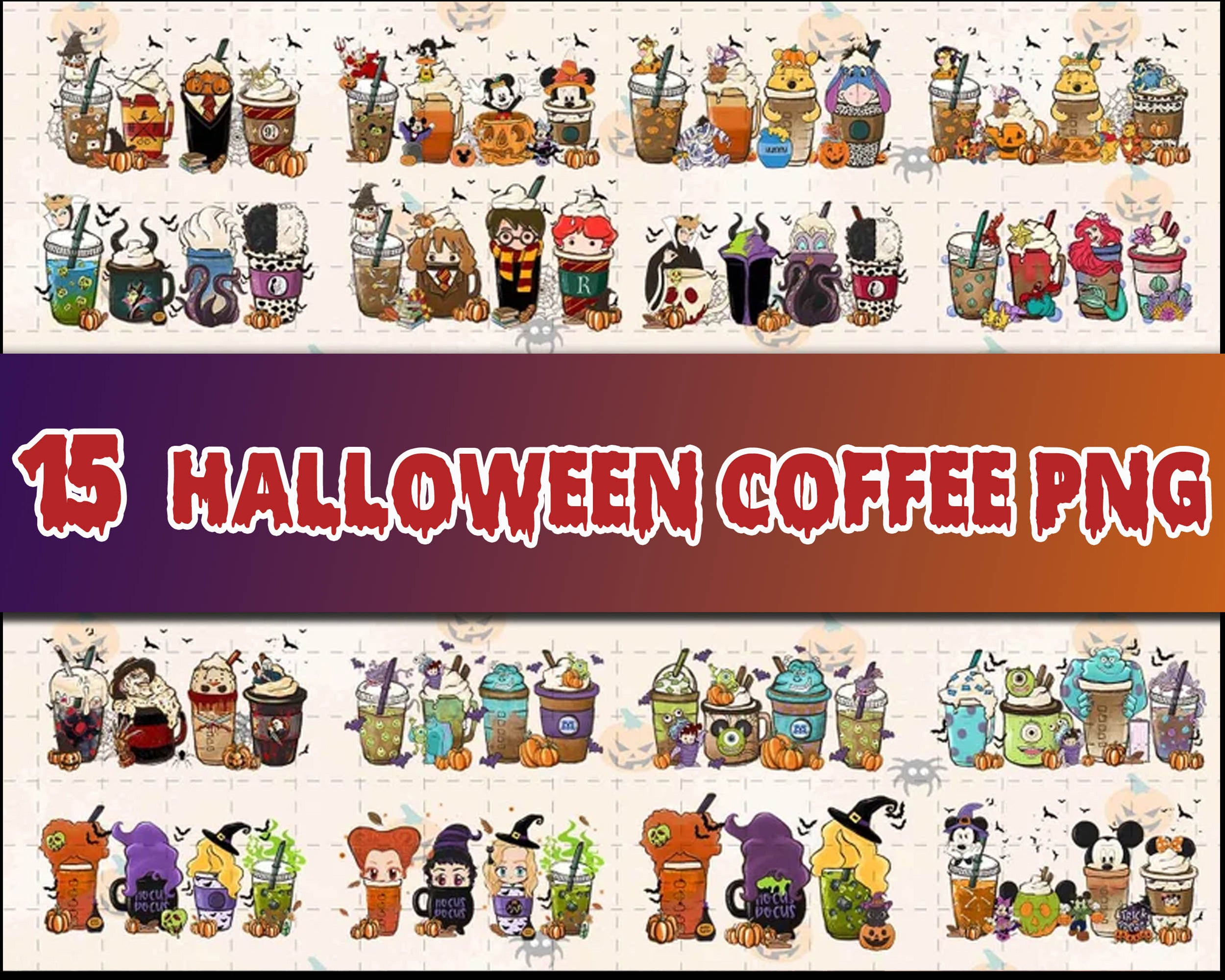 15 Halloween coffee PNG bundle, Halloween coffee digital bundle, Halloween designs bundle in PNG formats, Digital files