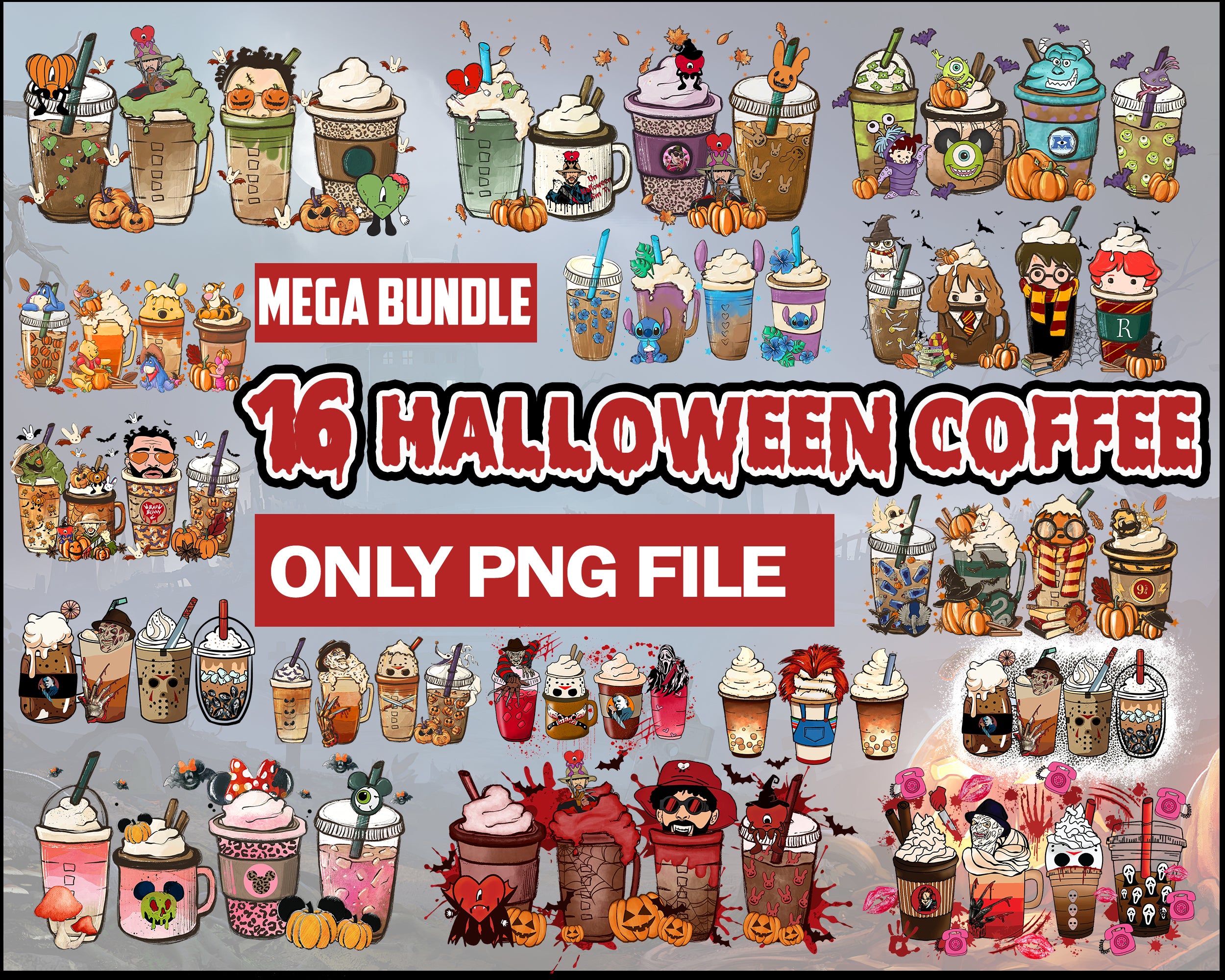16 Halloween coffee PNG bundle, Halloween coffee digital bundle, Halloween designs bundle in PNG formats, Digital files