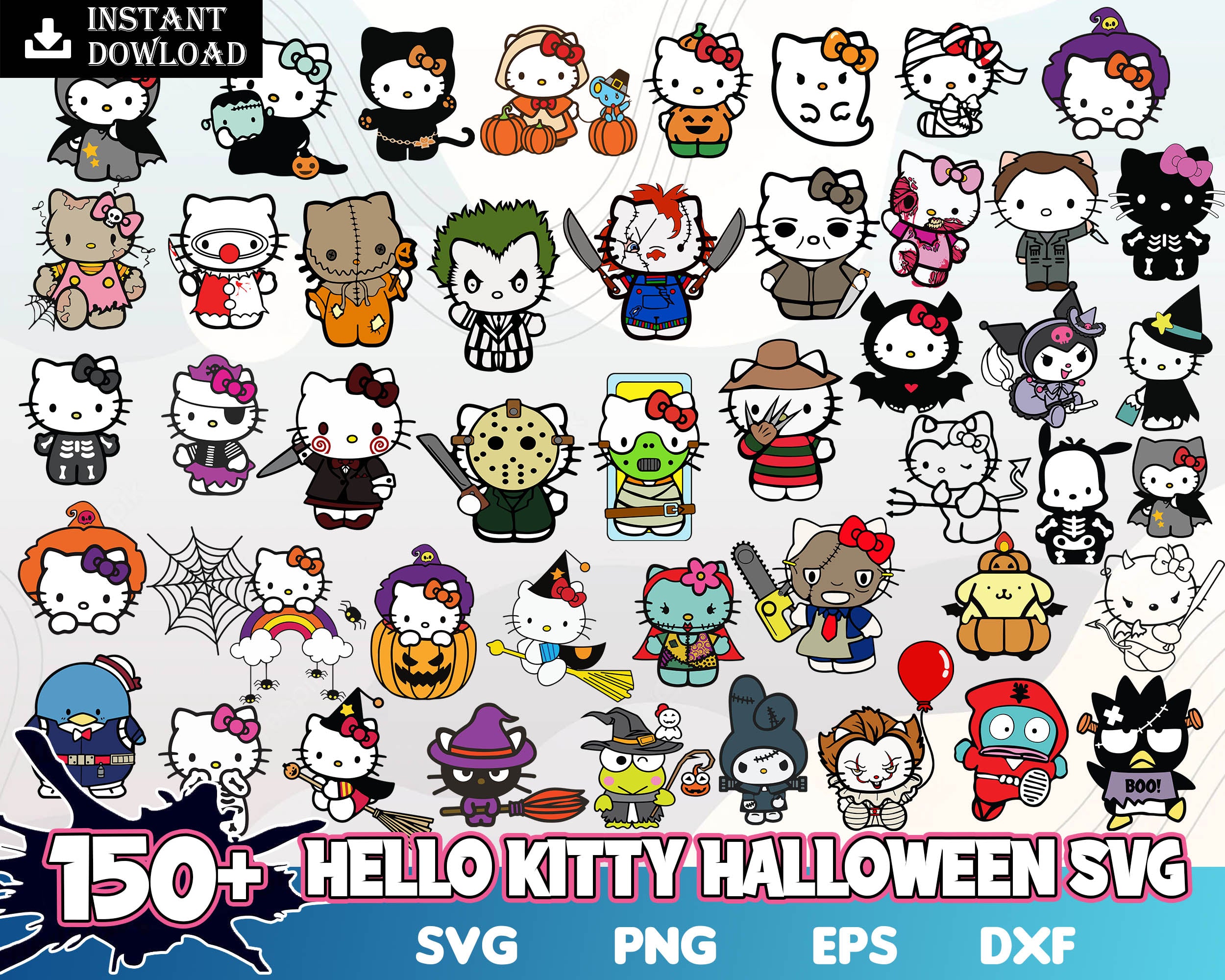 150+ Halloween Hello Kitty Bundle svg, Kawaii kitty halloween svg, eps, png, dxf, Horror kitty digital files.