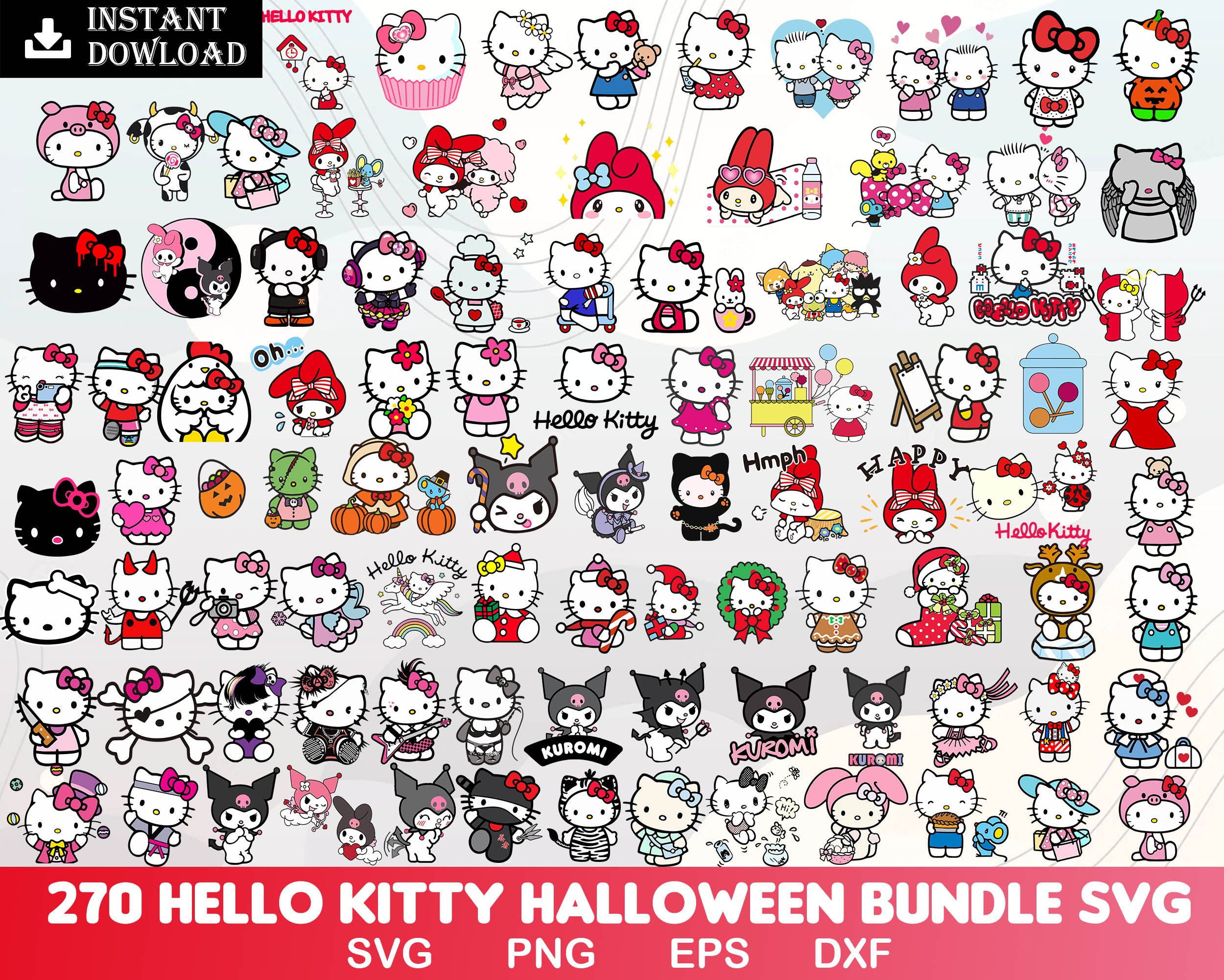1800+ Mega Halloween Hello Kitty Bundle svg, Kawaii kitty halloween svg, eps, png, dxf, Horror kitty digital files.