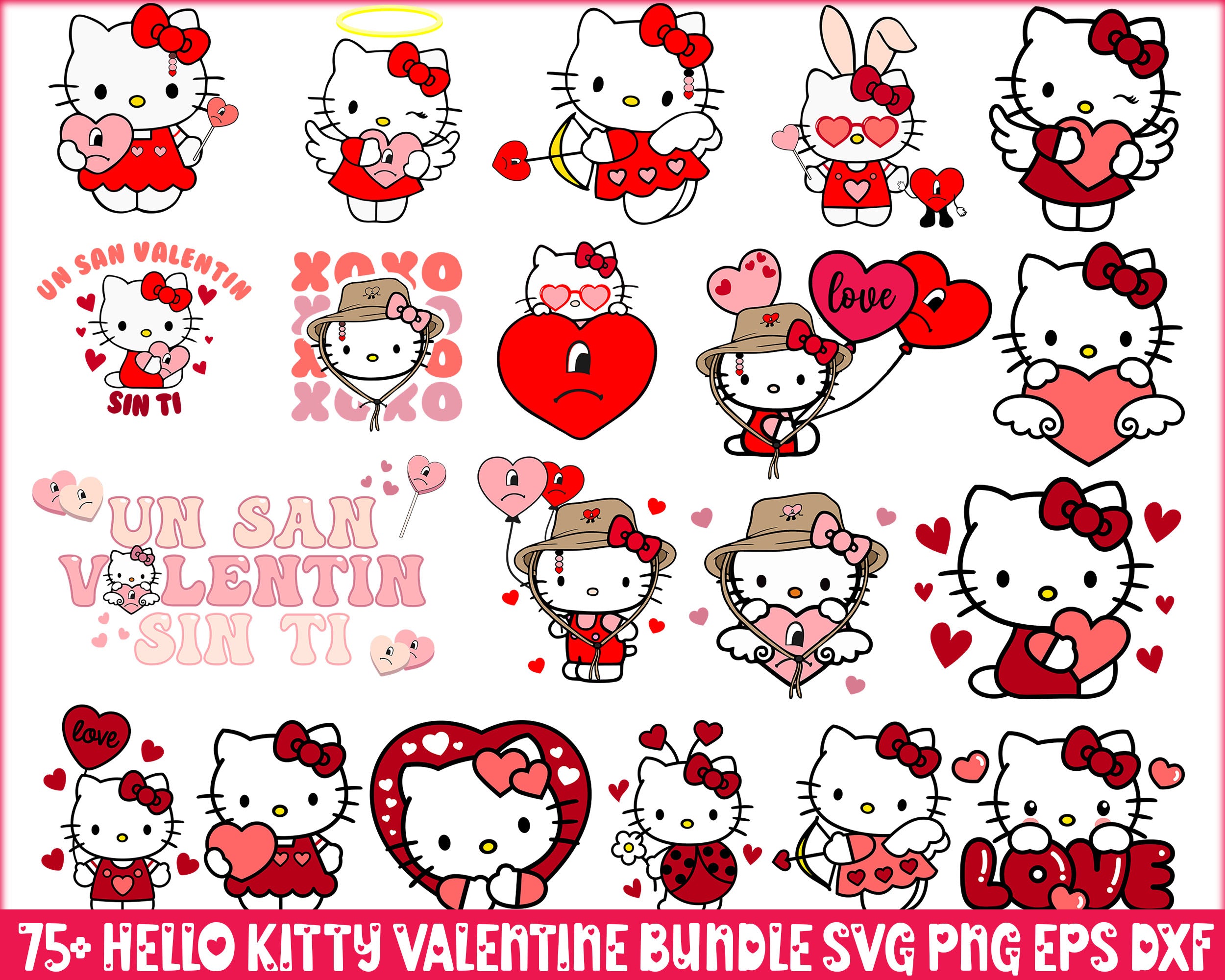 75+ Valentine Hello Kitty Bundle, Valentine kawaii kitty SVG png eps dxf, Cut File, Digital Download