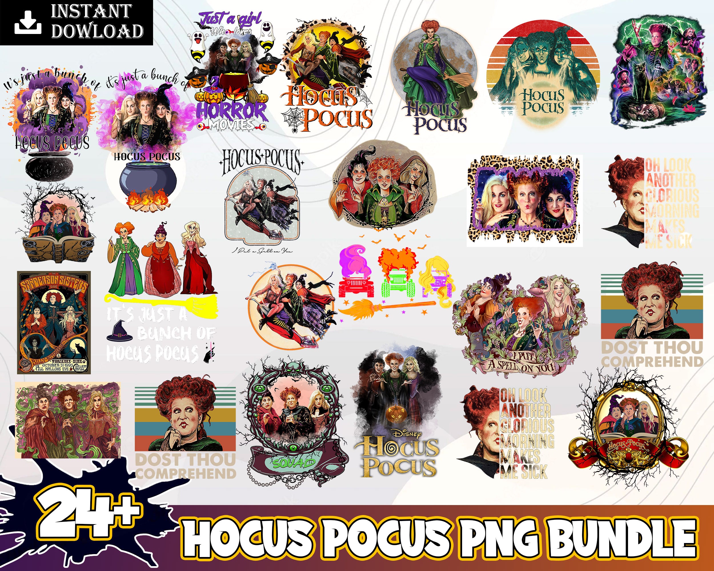 24 Hocus Pocus Png Bundle, Sanderson sisters png files, Hocus png files, Digital bundle download.