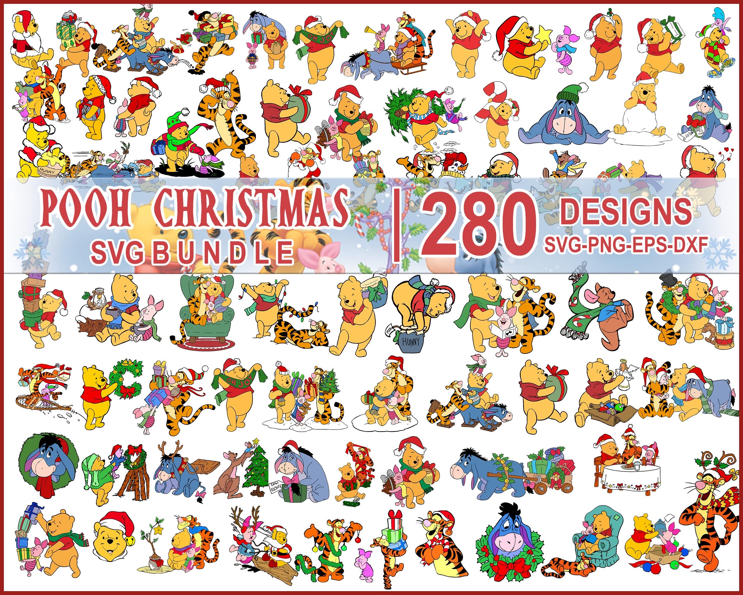 Version 2.0 - 280+ Winnie the Pooh Christmas SVG, Xmas 2022 Pooh PNG, Piglet svg, Tigger eps, Eeyore dxf, Winnie the Pooh Birthday, Digital download