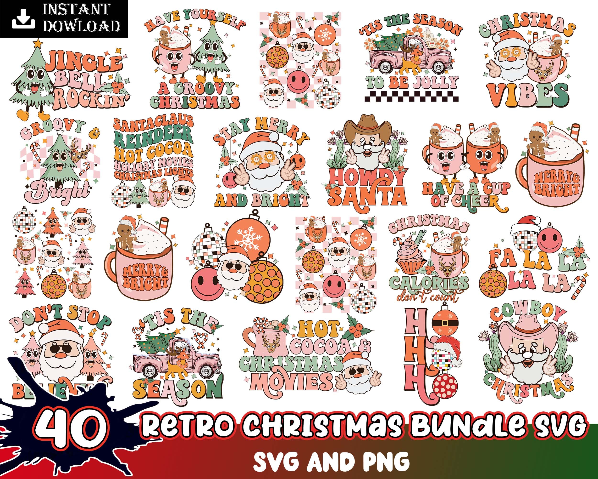 40 Retro Christmas bundle, Christmas SVG PNG bundle, Christmas digital bundle, Designs bundle, Digital files, CRM02112201