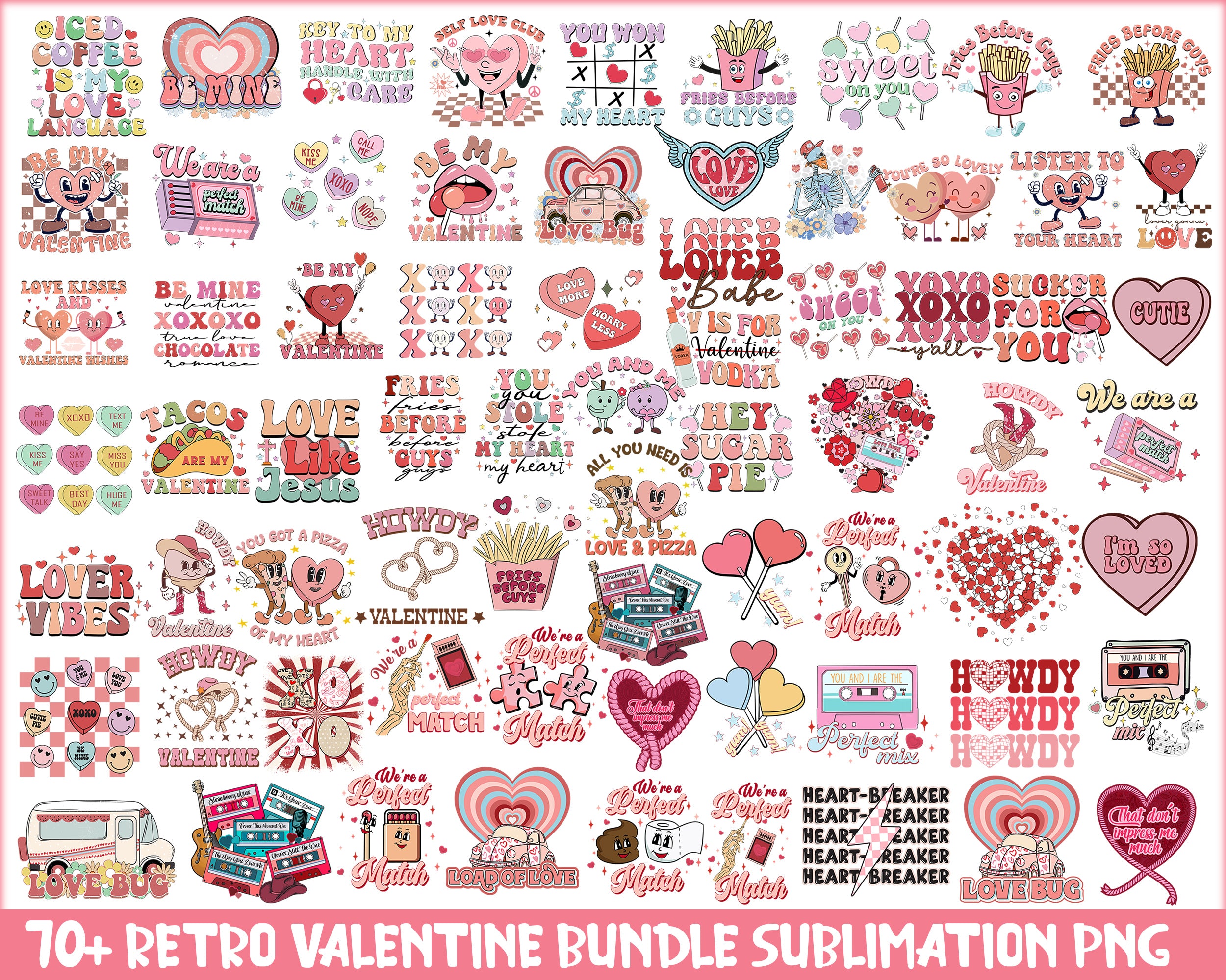 Version 2 - 10+ Retro Valentines Day bundle, Valentine sublimation PNG, Digital Design Download