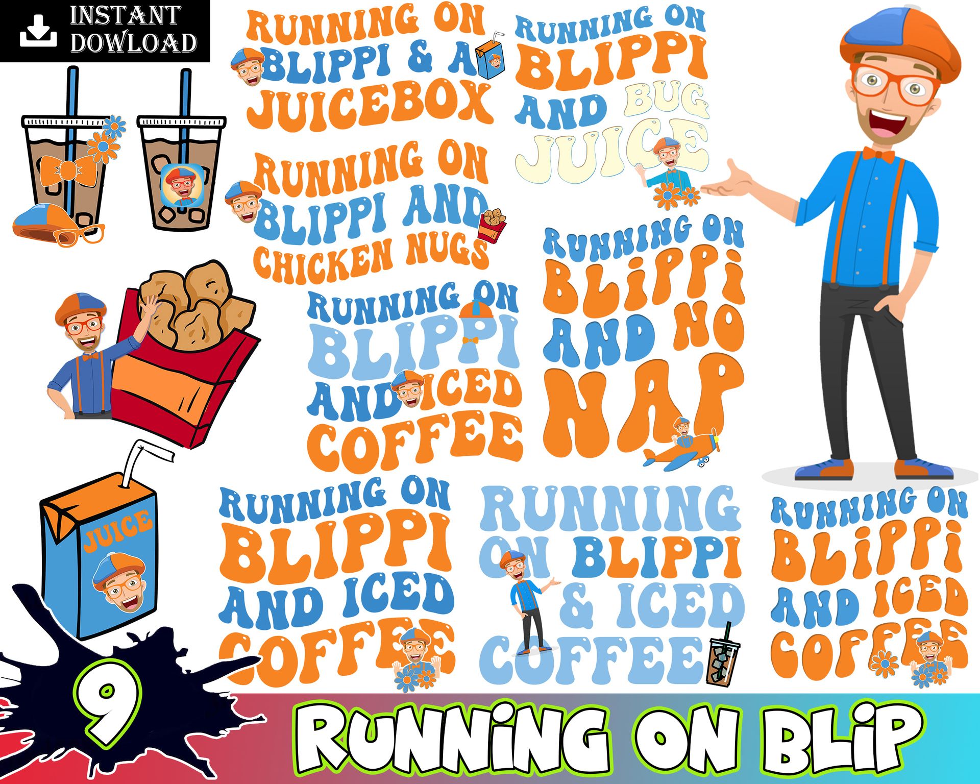 9 Running on Blippi & iced coffee Design PNG Sublimation DTF Printing Download