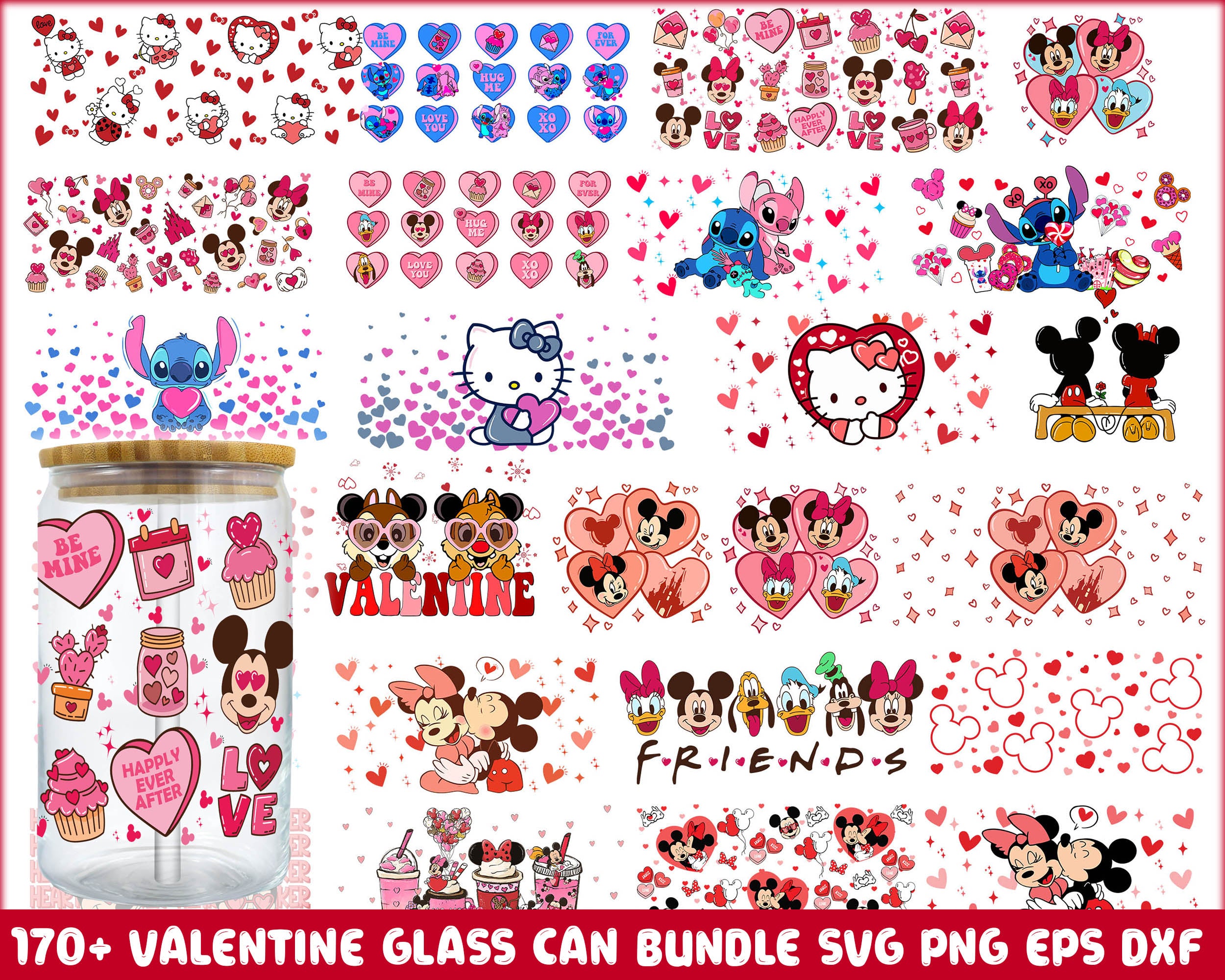170+ Valentine Cartoon Wrap Glass Can, Happy Valentine 16oz Libbey Glass Wrap SVG, png, eps, dxf, Digital Download