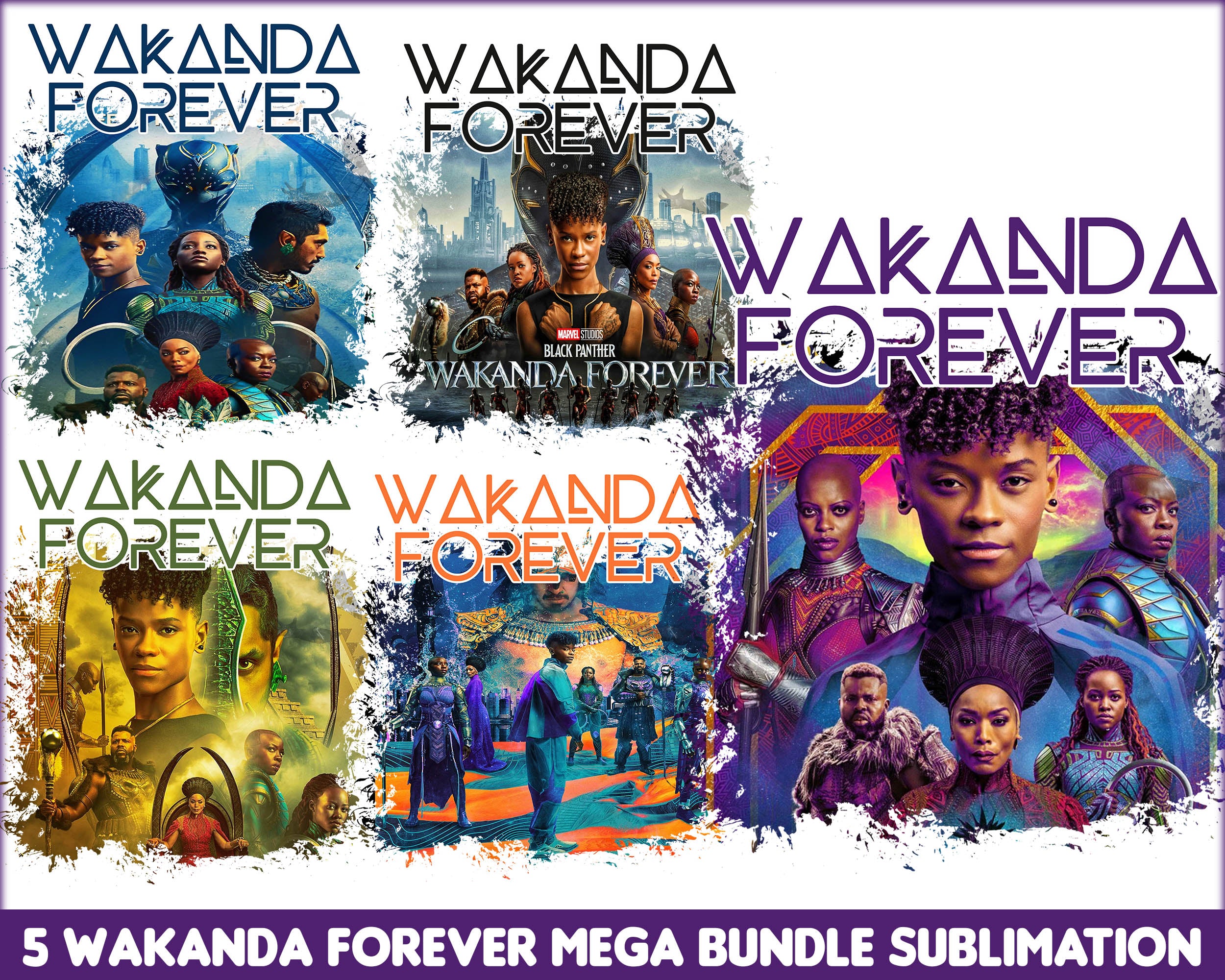 5 Wakanda Forever PNG Designs, Black Panther Sublimation in multi-colors, Long live the King, Avenger bundle, Marvel bundle, Digital download