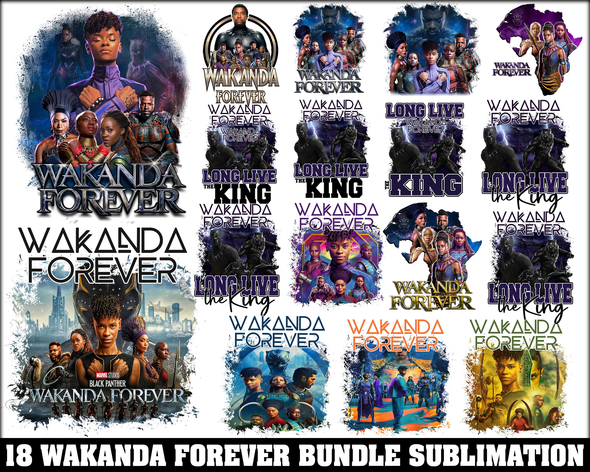 18 Wakanda Forever Sublimation Designs, Black Panther PNG, Long live the King, Avenger bundle, Marvel bundle, Digital download