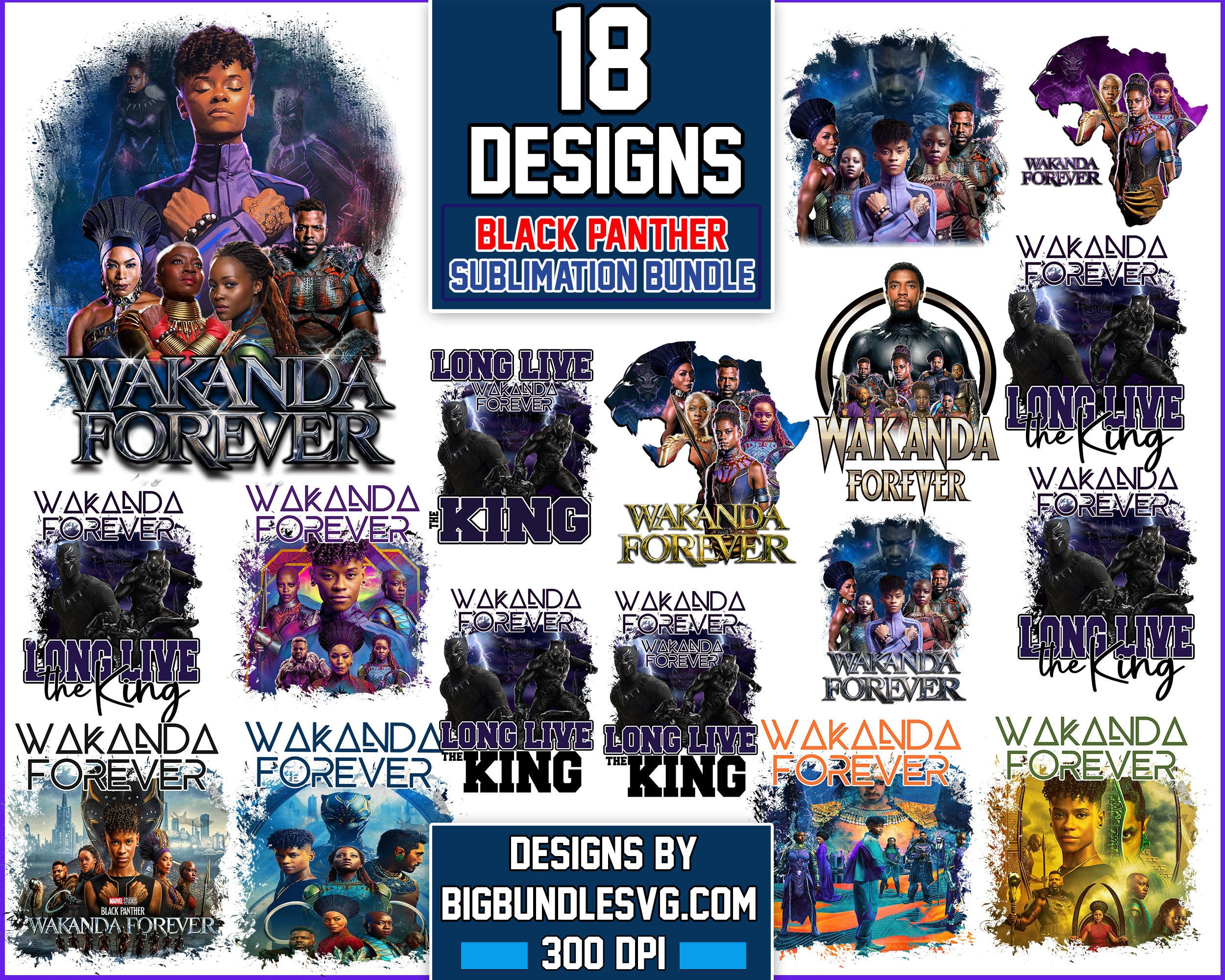 Version 2.0 - 18 Wakanda Forever PNG Designs, Black Panther Sublimation , Long live the King, Avenger bundle, Marvel bundle, Digital download