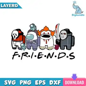 Cartoon design with four bean-shaped suited characters wearing masks and holding blades with F.R.I.E.N.D.S text below