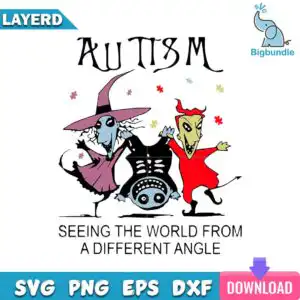 Cartoon with three stylized figures, one upside down, and AUTISM SEEING THE WORLD FROM A DIFFERENT ANGLE text