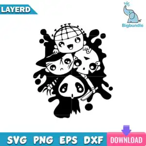 1-cute-horror-friends.jpg Four cute chibi masked friends stacked vertically over black ink splatter