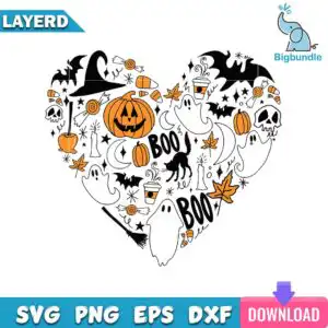 Heart shaped Halloween doodle collage with BOO text, pumpkins, ghosts and bats in orange black and white