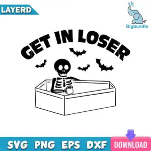 1-skeleton-get-in-loser-halloween.jpg Cartoon skeleton in coffin holding coffee mug with four bats and GET IN LOSER text in black and white