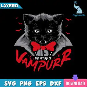 1-the-return-of-vampurr-halloween-cat-vampire.jpg Black cat in gray vampire cape with red bow tie and THE RETURN OF VAMPURR lettering
