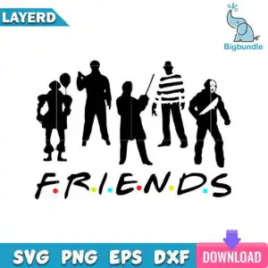 1-horror-friend.jpg Black silhouetted horror figures above dotted F.R.I.E.N.D.S lettering on white background
