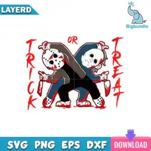Two chibi horror figures back to back dancing with hockey mask and bloodied knives and Trick Or Treat text