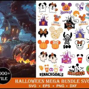 Halloween SVG images with Mickey and Minnie silhouettes, ghosts and pumpkins in orange, black and purple on white