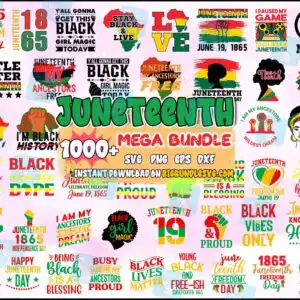 1000juneteenthbundlesvg1.jpg Collage of Juneteenth Freedom Day designs with Black power fists and Africa silhouettes