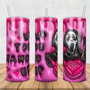 102.jpg Hooded masked figure with pink phone and NO YOU HANG UP puffy black letters on inflated pink background