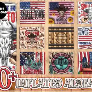 Inflated 3D puff bundle with TRY THAT IN A SMALL TOWN text, bull skulls and American flags