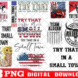 Western bundle preview showing TRY THAT IN A SMALL TOWN lettering with flags, skulls and sunflower boots