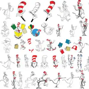 11.jpg Character clipart sheet showing anthropomorphic cartoon cat with tall red and white striped hat and bow tie in multiple poses