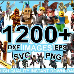 Promotional collage of blocky Roblox-style 3D characters including a knight, a robot and a dragon in blue, yellow and red