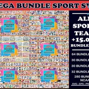 15-000-mega-bundle-sport-svg-nfl-nhl-mbl-nca-ncaa-digital-file-cut-505.jpg Collage preview sheet with hundreds of small colorful sports team logos, red banner on top and navy panel on right