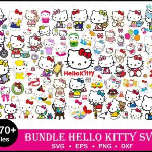 Collage preview of Hello Kitty characters in multiple outfits and poses with bows and balloons on white background