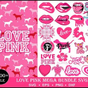 Love Pink mega bundle preview sheet with dog silhouettes, lips, hearts and Love Pink lettering in hot pink