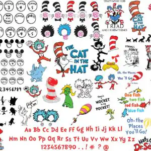 Collage of Dr Seuss style characters with striped hats, Thing 1 and Thing 2, and Teacher of All Things lettering
