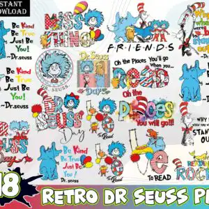 18retrodrseuss.jpg Collage of retro Dr Seuss inspired characters including Cat in the Hat and Horton with colorful READ lettering
