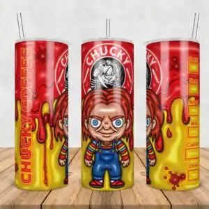 Chibi doll with red hair and blue overalls on red and yellow drip tumbler wrap