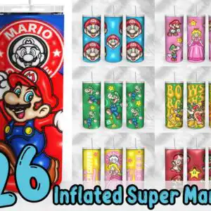 Inflated 3D puffy Mario cartoon characters tumbler wrap bundle with bold lettering