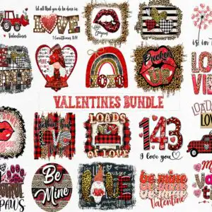 Valentine collage with red trucks, gnomes, hearts, lips and Peace Love Valentines lettering